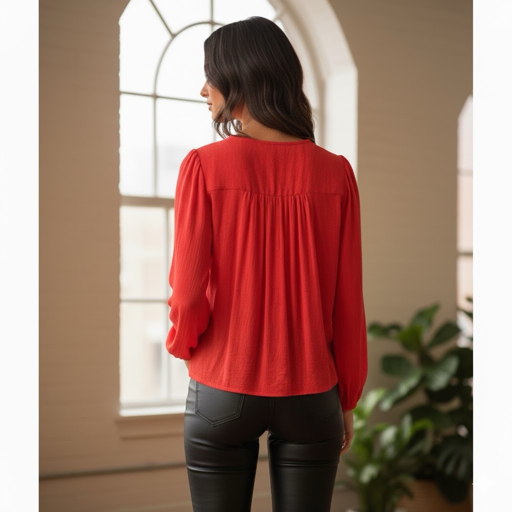 NEW FREE PEOPLE LADY LUCK RED ORANGE DRAPEY WRAP PLUNGE V-NECK BLOUSE SMALL HOT! - Picture 5 of 16